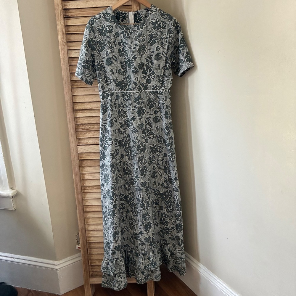 Vintage Style Grunge Green Floral Barkcloth Maxi Dress Ric Rac Trim Ruffle Hem M